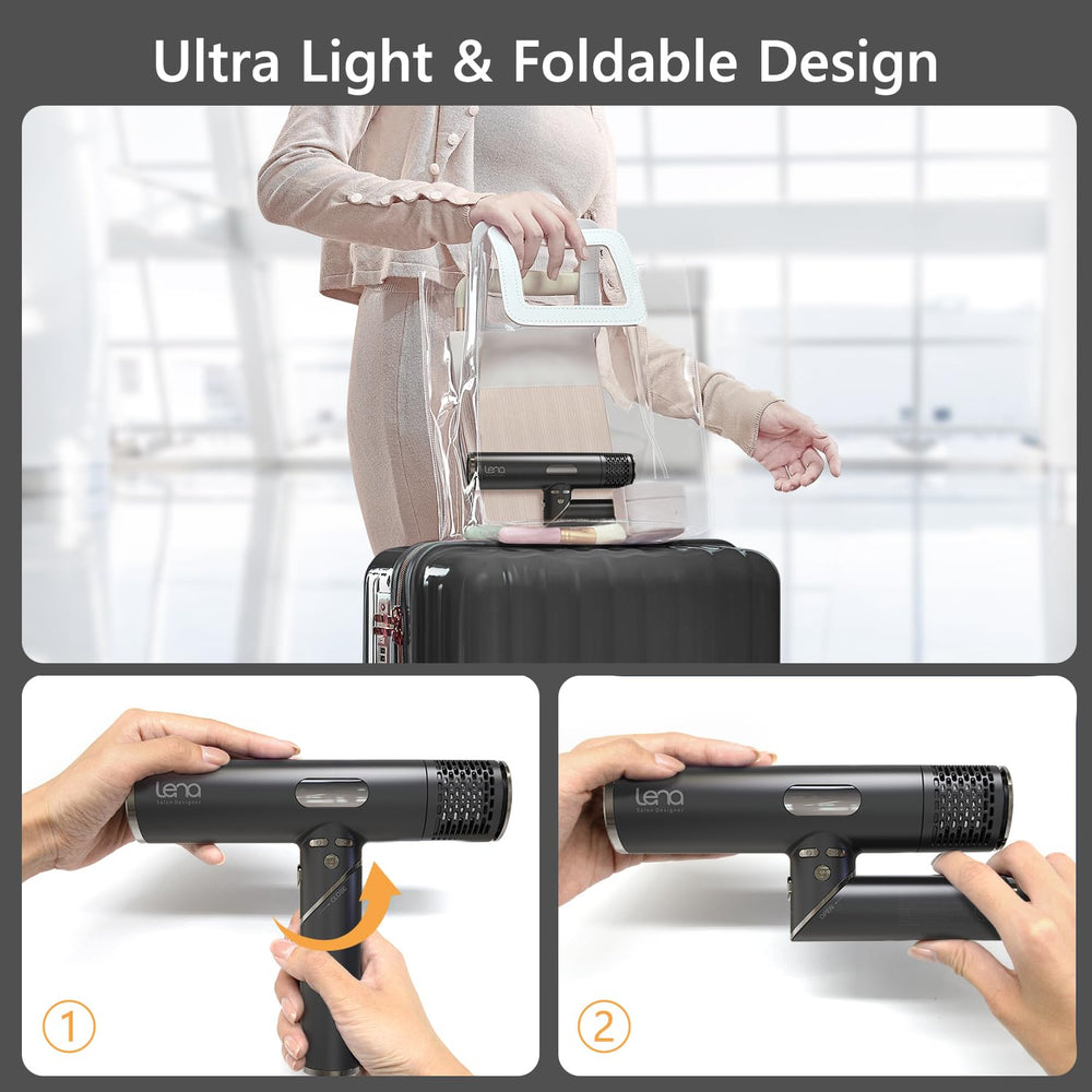 LENA travel hair dryer ultra-portable with safety features for confident styling anywhere.