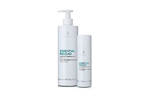 Lendan Essential Reload Prebiotic Cleansing Milk bottle pour for gentle makeup removal and skin hydration.