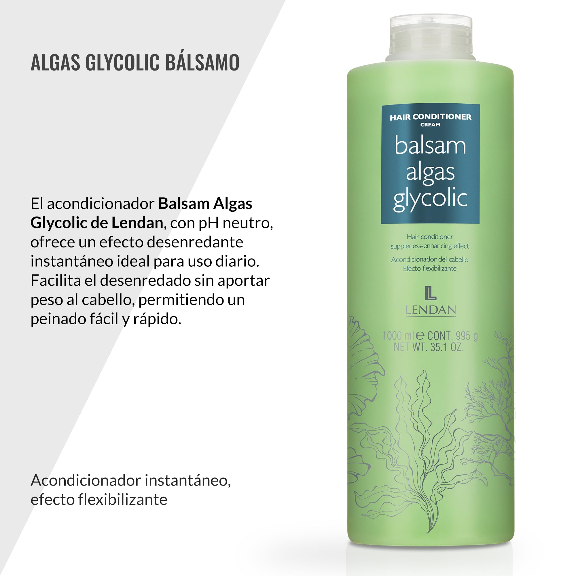 Lendan Glycolic Algae Balm application pump, smooths strands with lightweight conditioning.