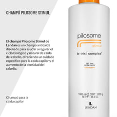 Lendan Pilosome Stimul Shampoo label highlights premium ingredients at a glance.