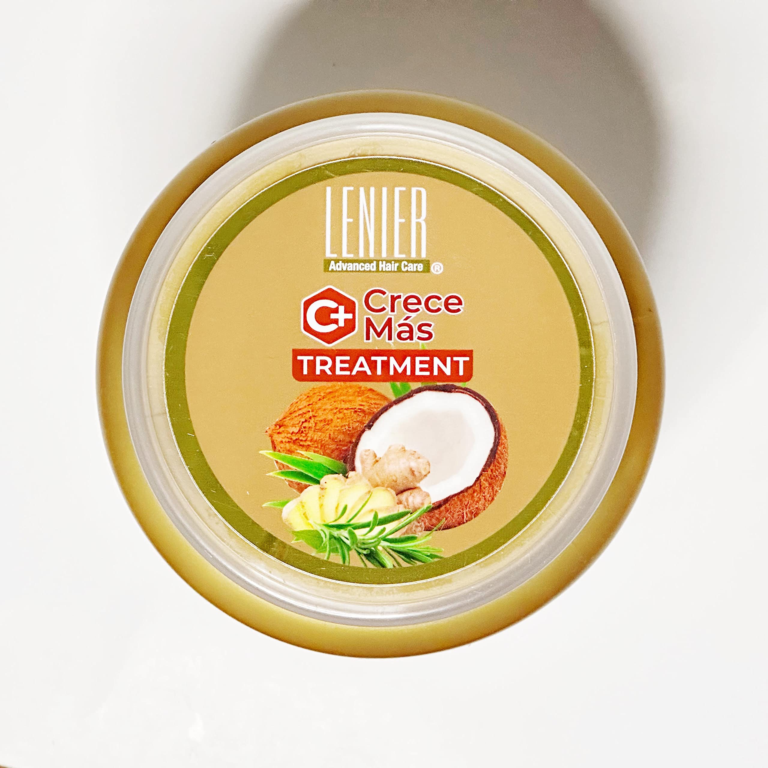 Lenier Crece Mas Treatment label shows floral scent and ginger-coconut-rosemary profile.