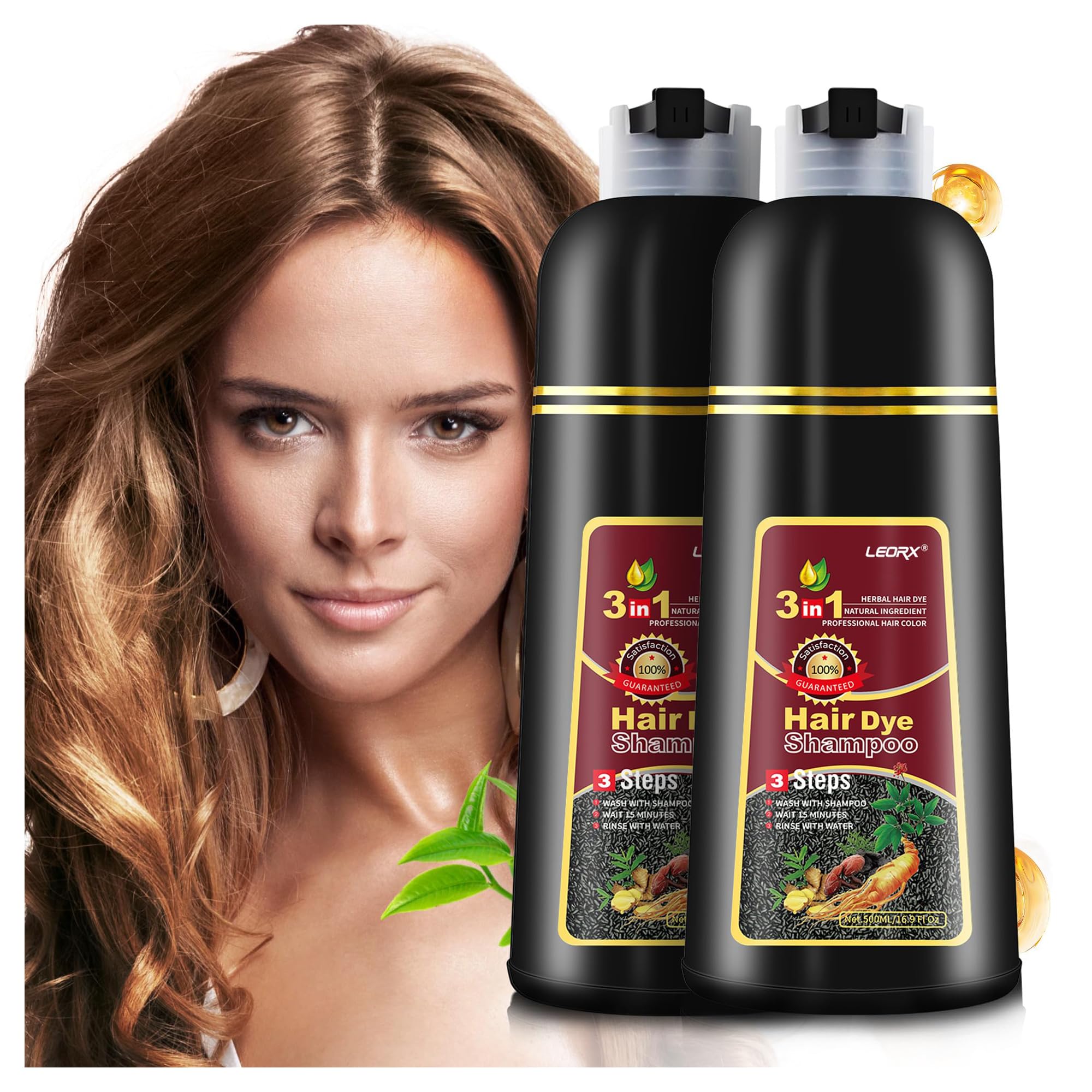 Leorx 2-pack hair dye shampoo brown bottle shows easy at-home color with natural ingredients.