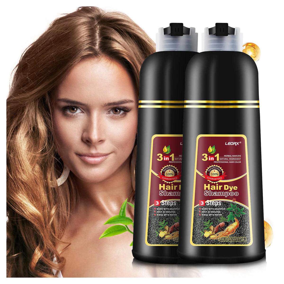Leorx 2-pack hair dye shampoo brown bottle shows easy at-home color with natural ingredients.