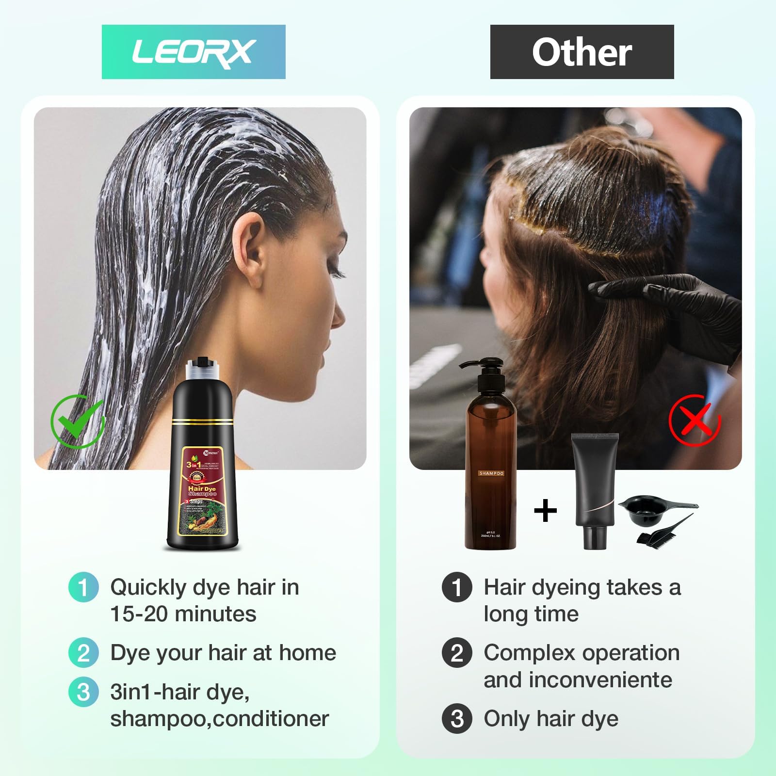 Leorx 3-in-1 shampoo-conditioner-dye for streamlined coloring