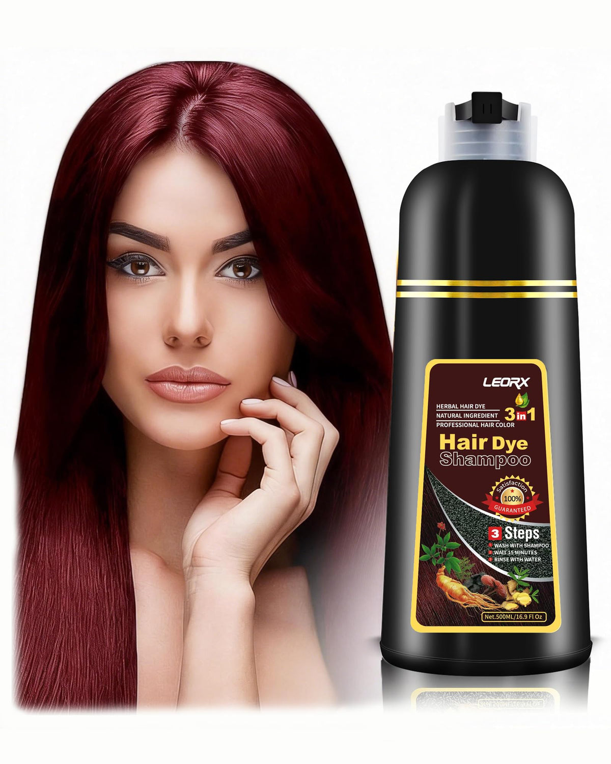Leorx Hair Dye Shampoo 3in1 dark wine red bottle pour for even color coverage
