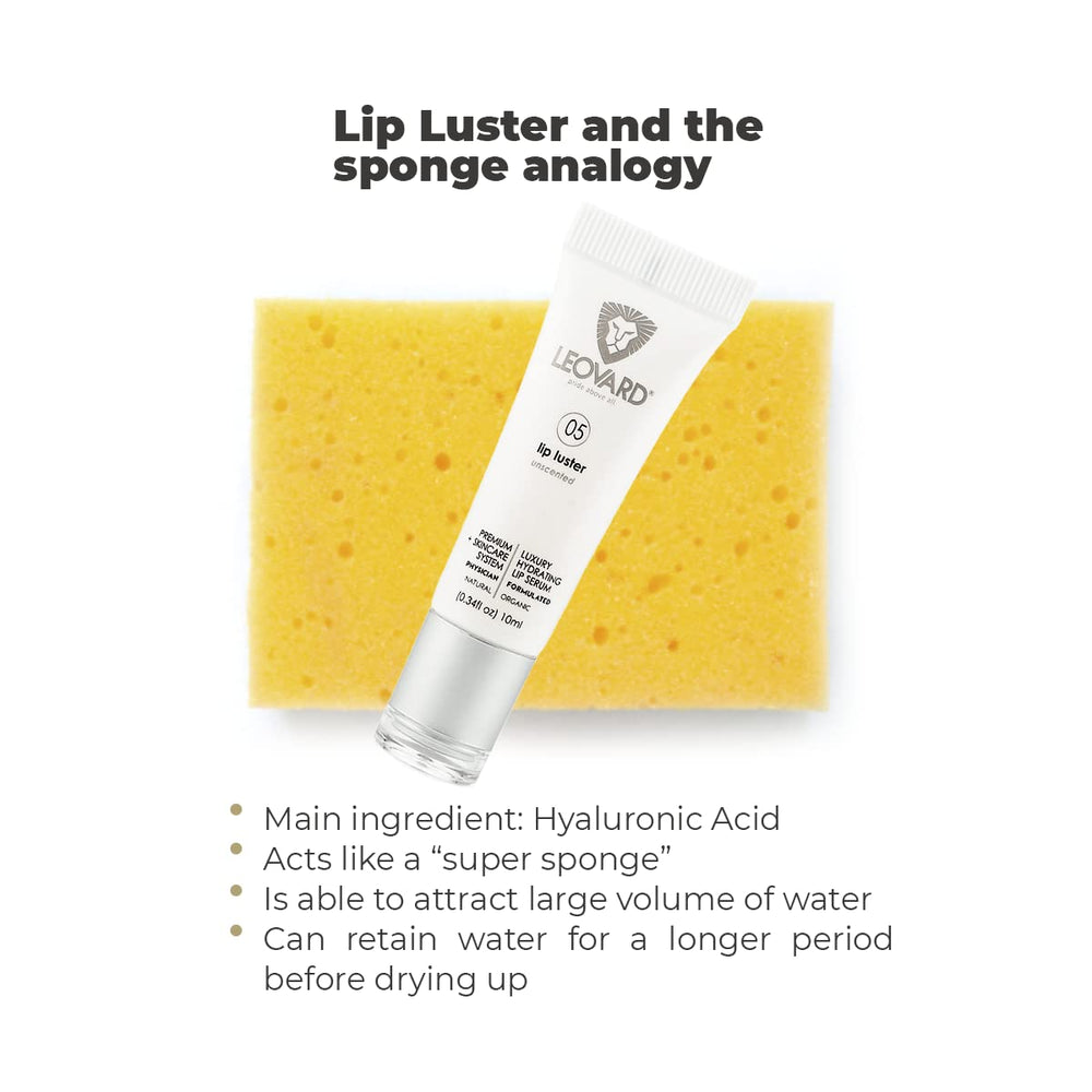 Leovard Lip Luster with hyaluronic serum on lips for a hydrated look
