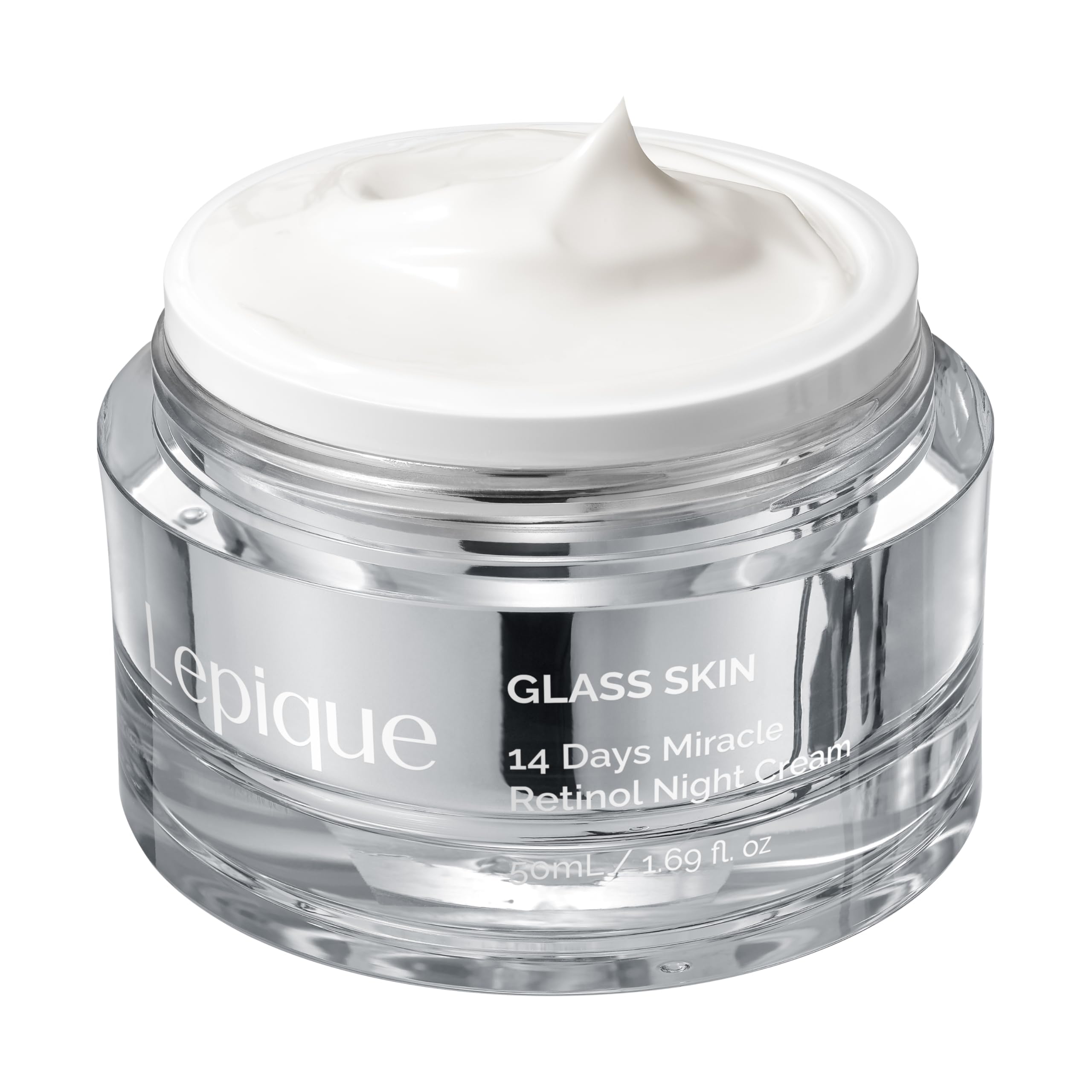 Lepique Retinol Night Cream bottle shown with sleek overnight skin care benefits.