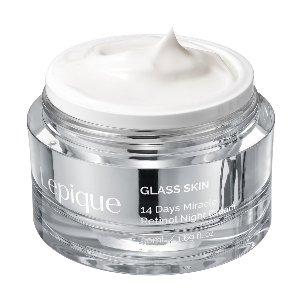 Lepique Retinol Night Cream bottle shown with sleek overnight skin care benefits.