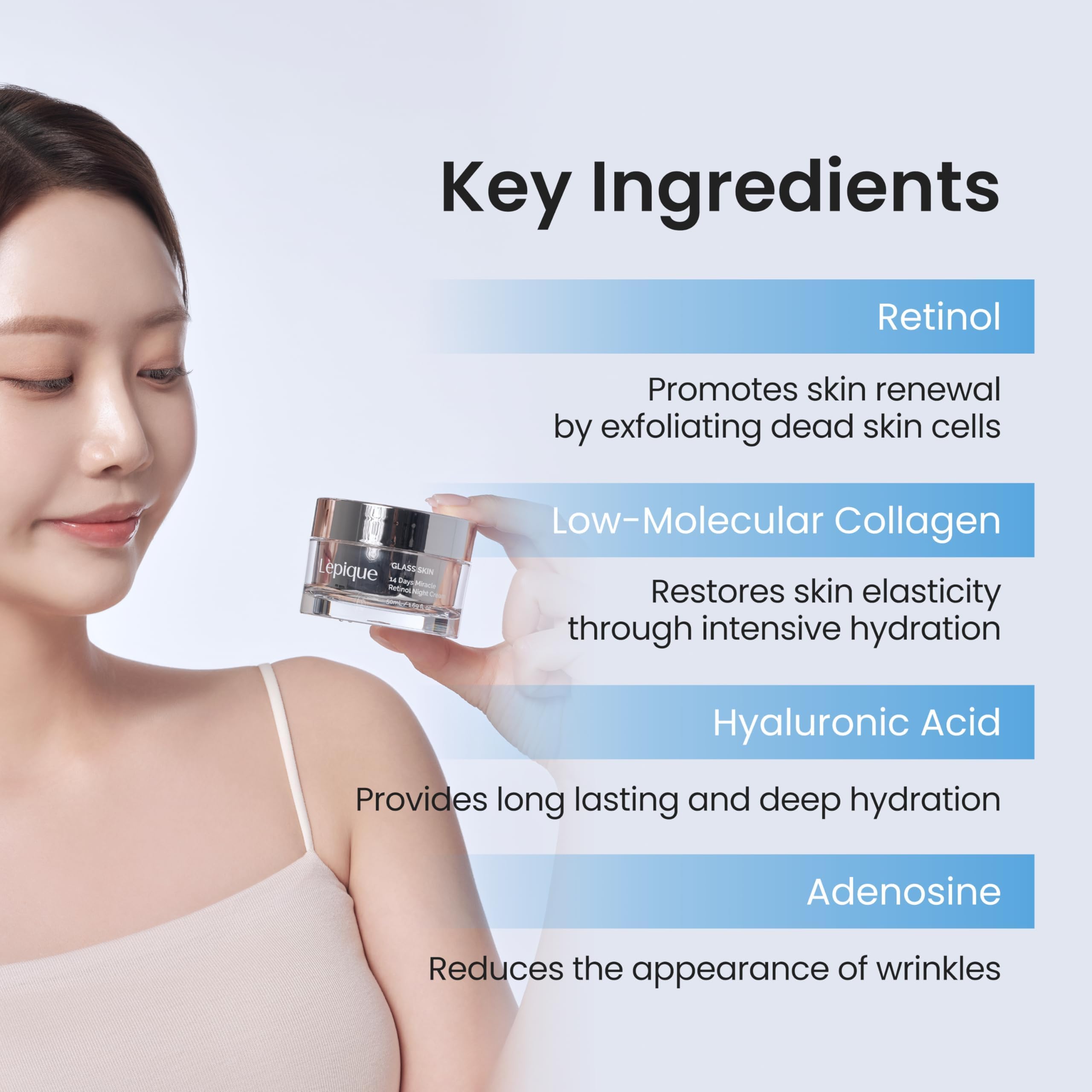 Label close-up of Lepique Retinol Night Cream emphasizing premium ingredients.