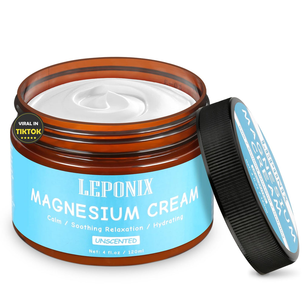 LEPONIX Magnesium Cream bottle closeup shows unscented formula for soothing skin.