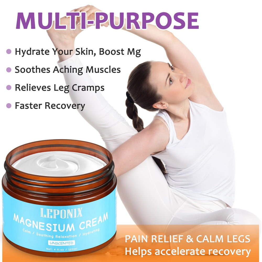 LEPONIX Magnesium Cream unscented label highlighting natural, skin-friendly formula.
