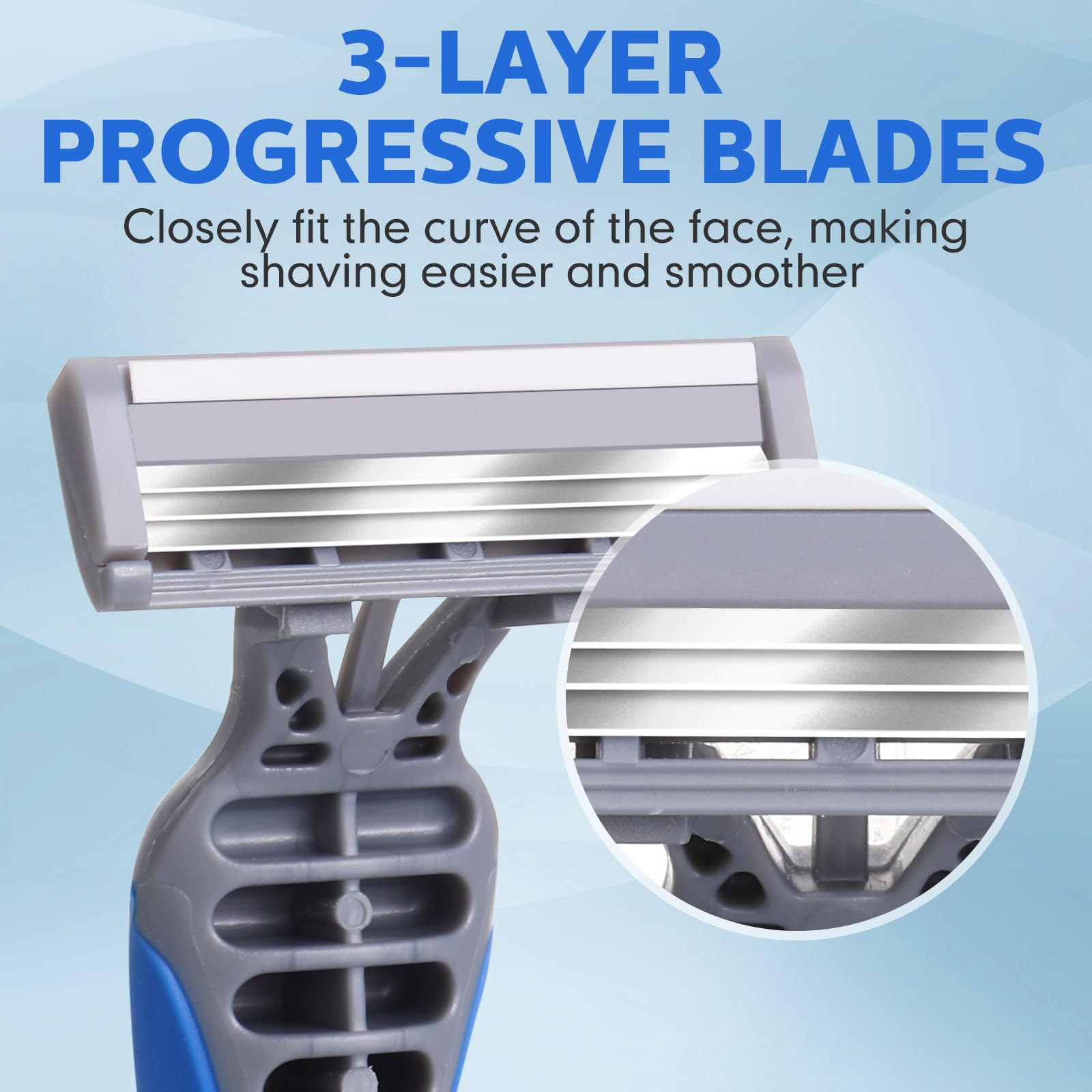 Leriton razor head close-up showing three blades for smooth shave.
