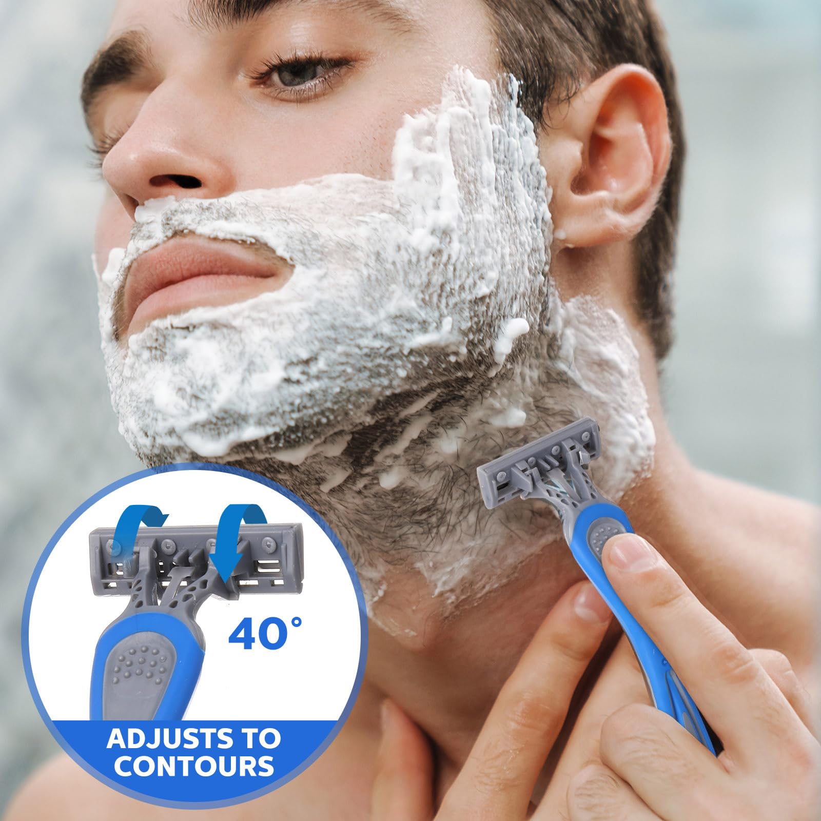 Leriton 40-degree rotating head adapts to facial contours for comfortable shave.