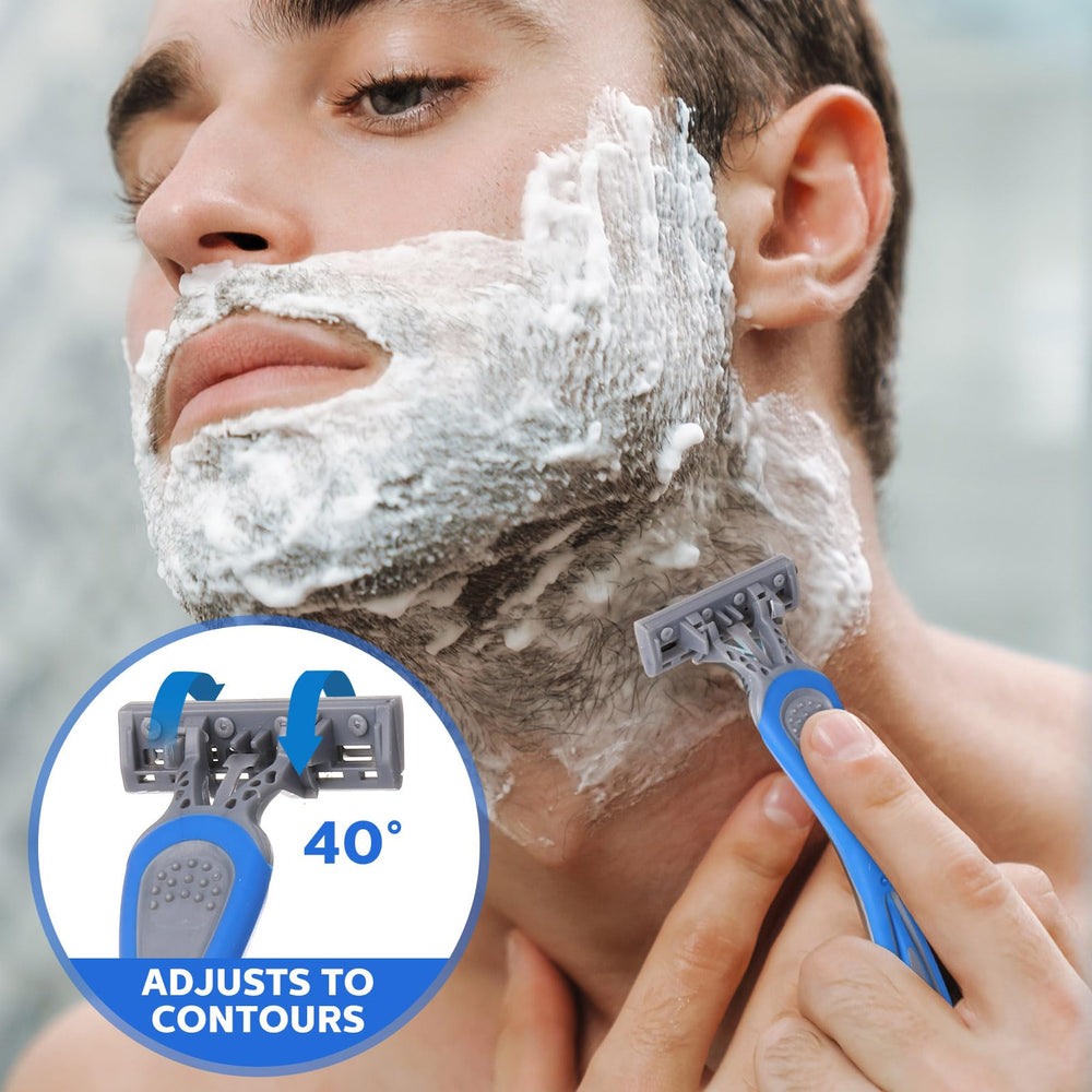 Leriton 40-degree rotating head adapts to facial contours for comfortable shave.