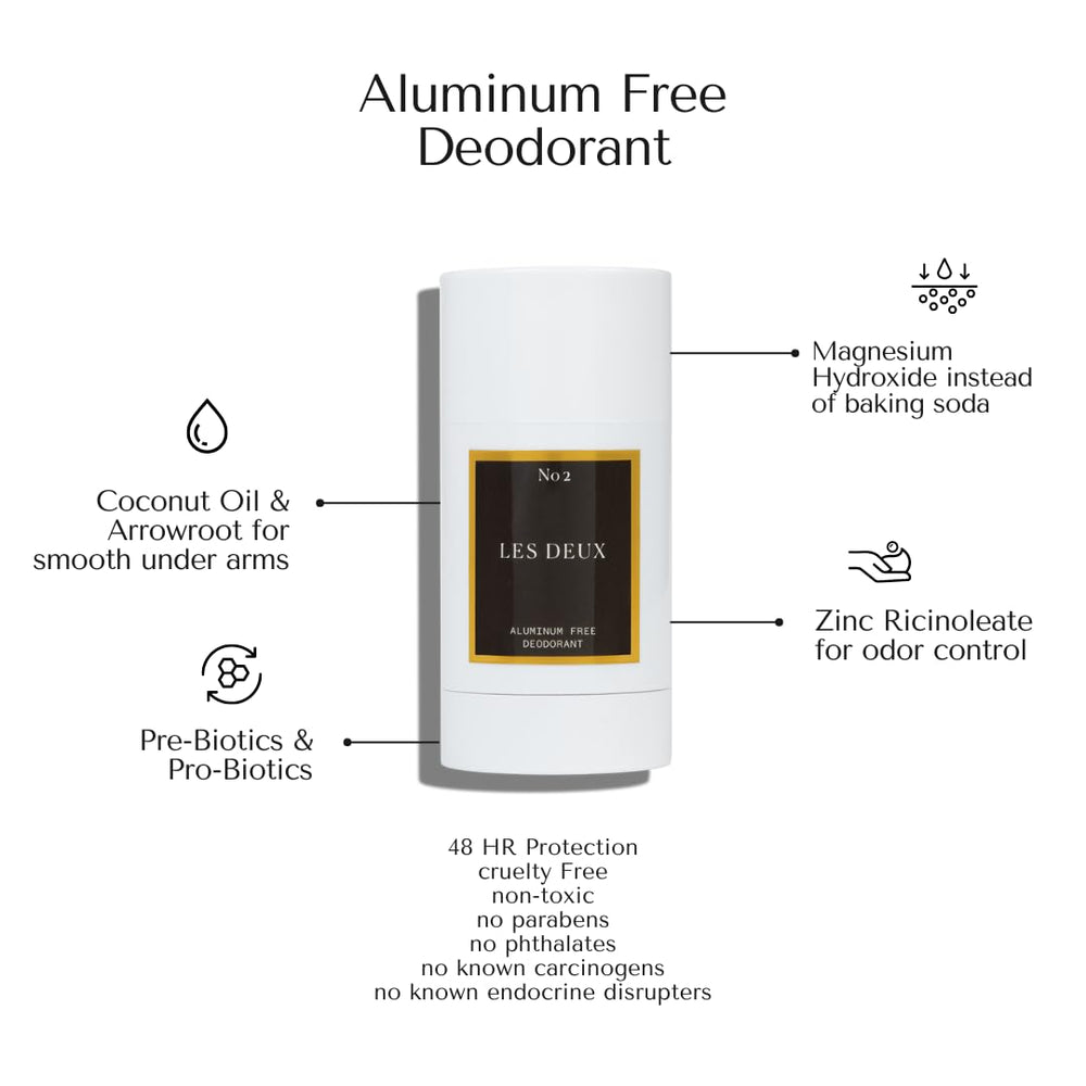 Les Deux natural deodorant stick packaging amber-saffron-sandalwood communicates aluminum-free protection