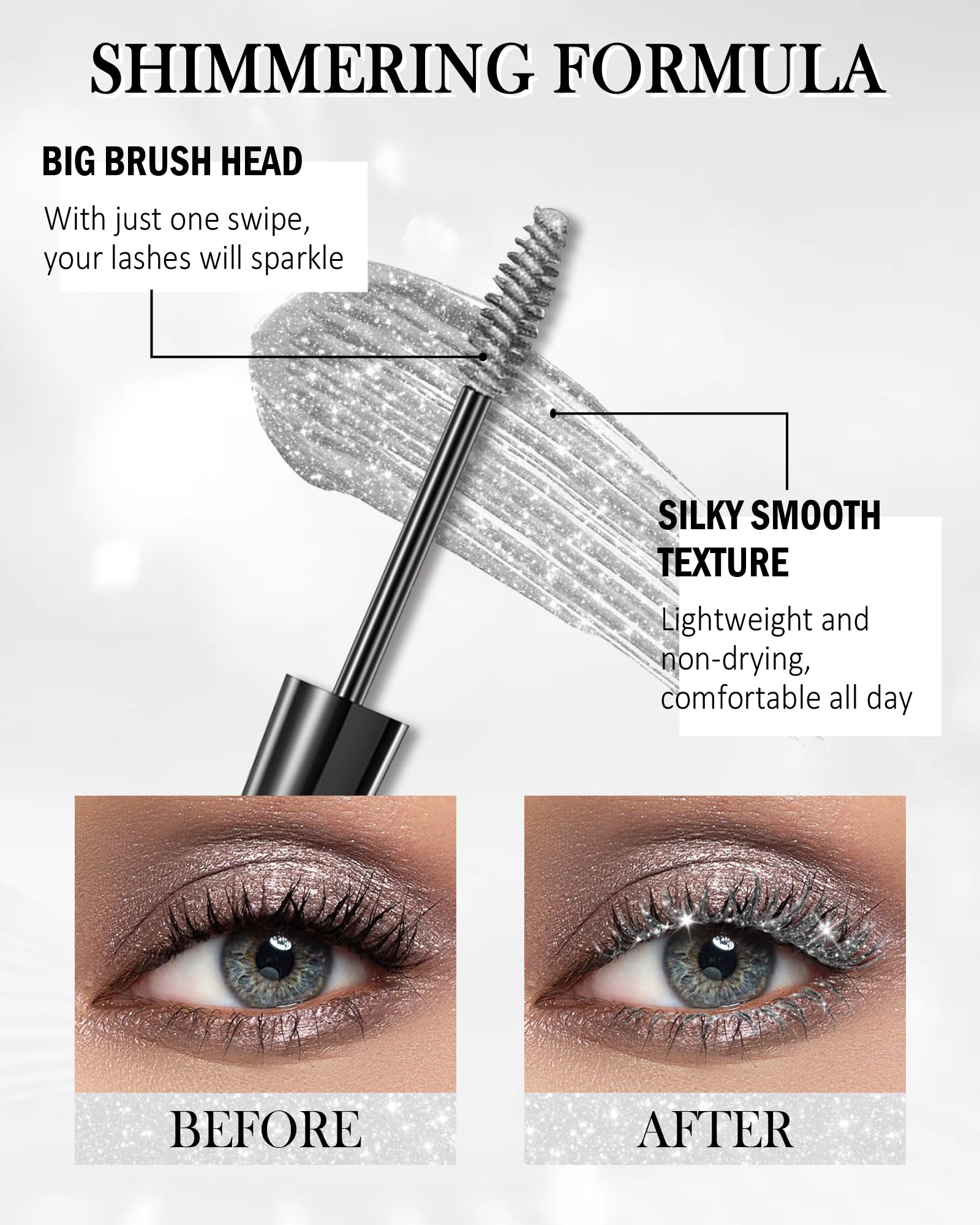 Lestpola blue glitter mascara provides bold color and curl while resisting flaking.