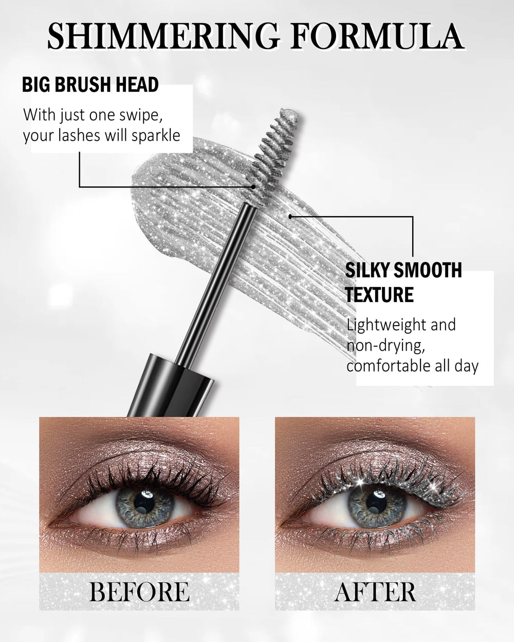 Lestpola blue glitter mascara provides bold color and curl while resisting flaking.