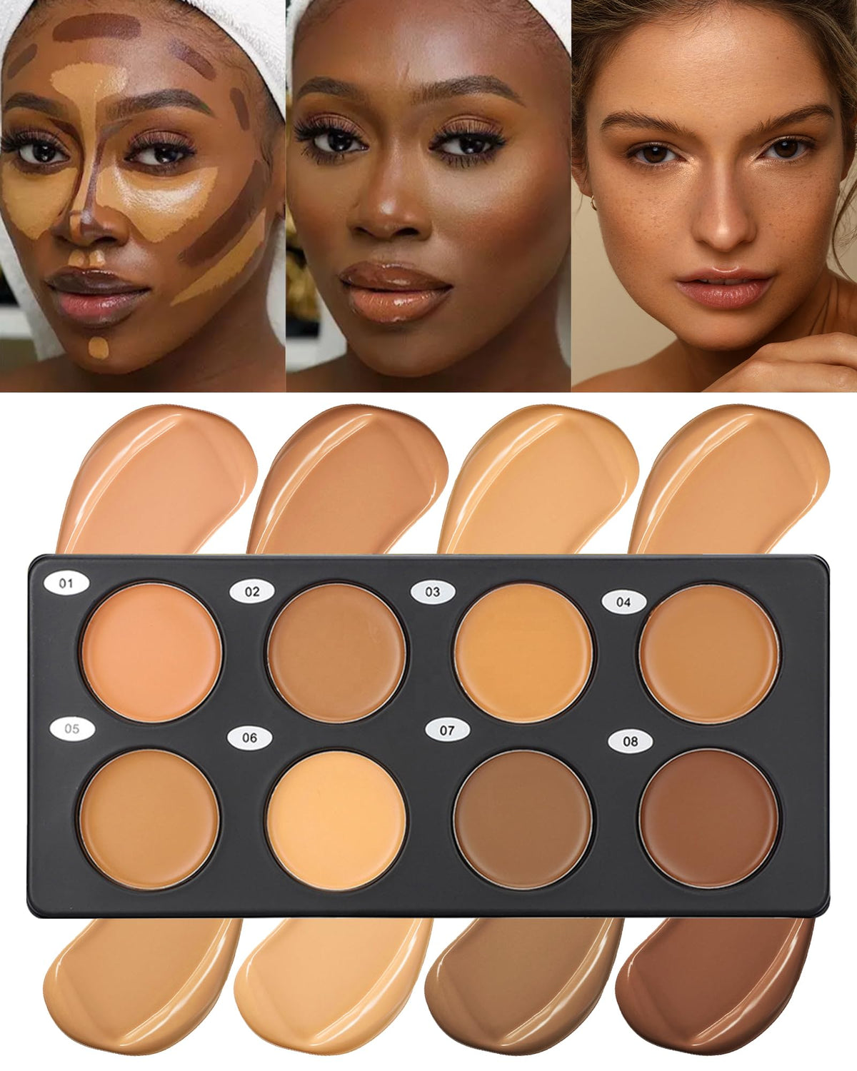 Lestpola Cream Contour Palette swatches show eight versatile shades for contour and highlight.