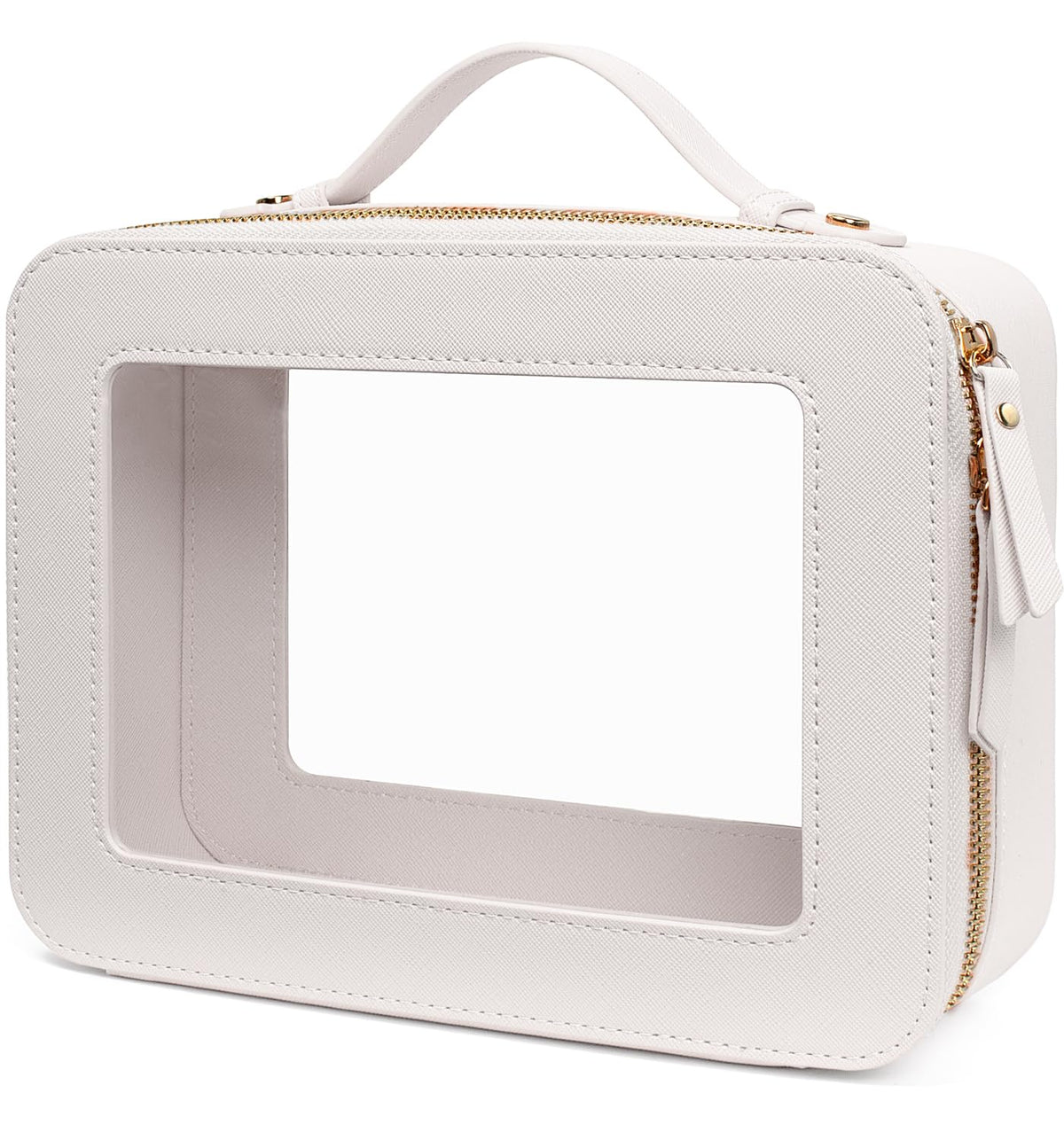 LETGO large clear makeup bag front view with PU accents for easy at-a-glance organization