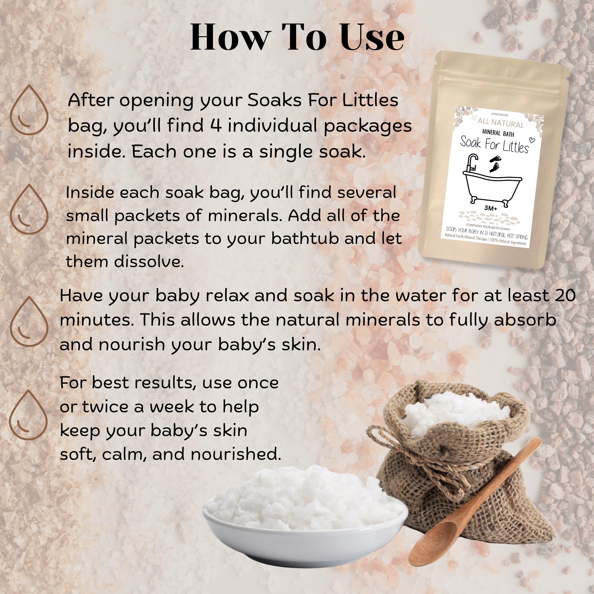 Baby bathroom scene featuring Littles mineral bath soak in use.