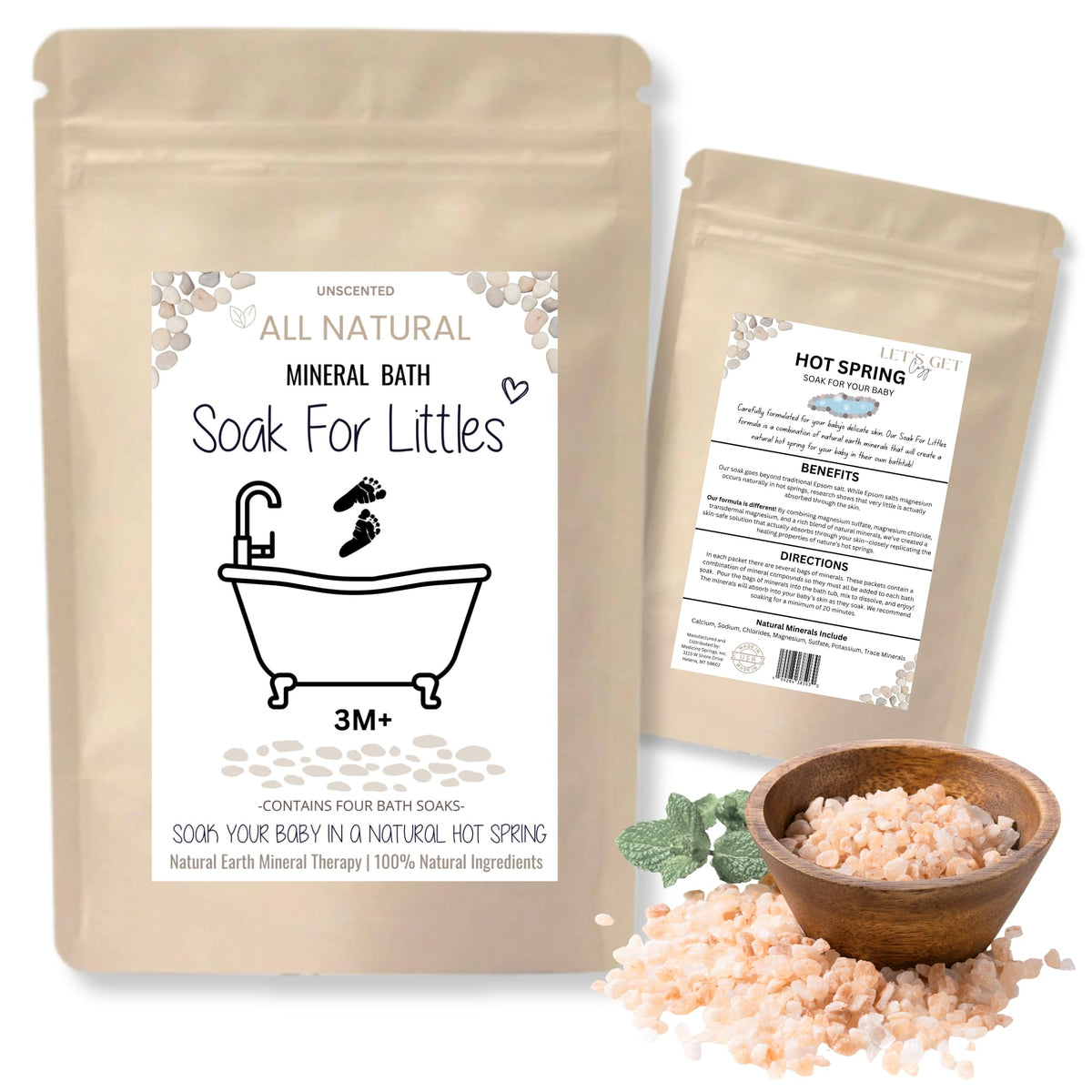 Let's Get Cozy Soak for Littles mineral bath packets for gentle, skin-safe baby soaks.