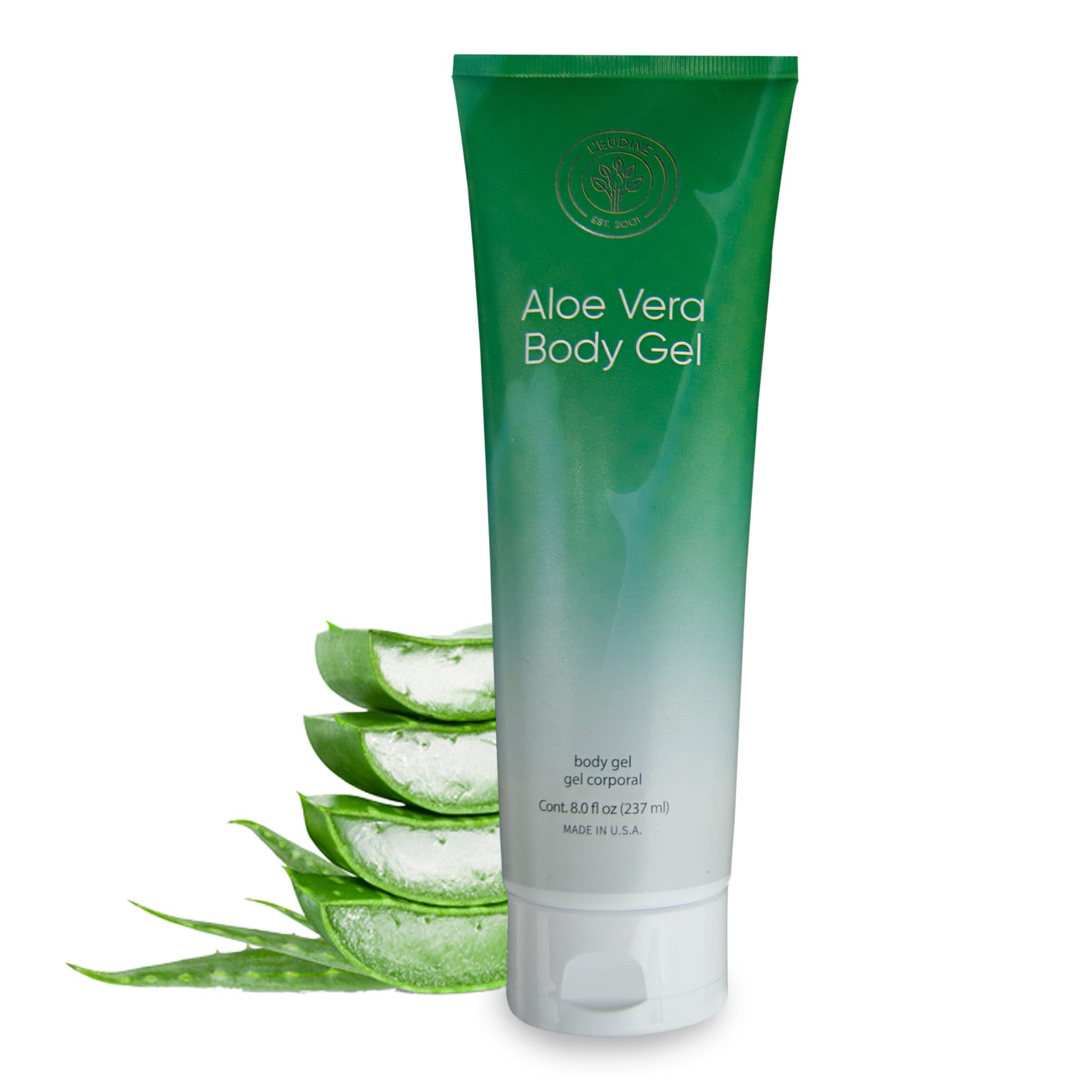L'eudine Aloe Vera Gel applied to face and body for rapid hydration and soothing relief