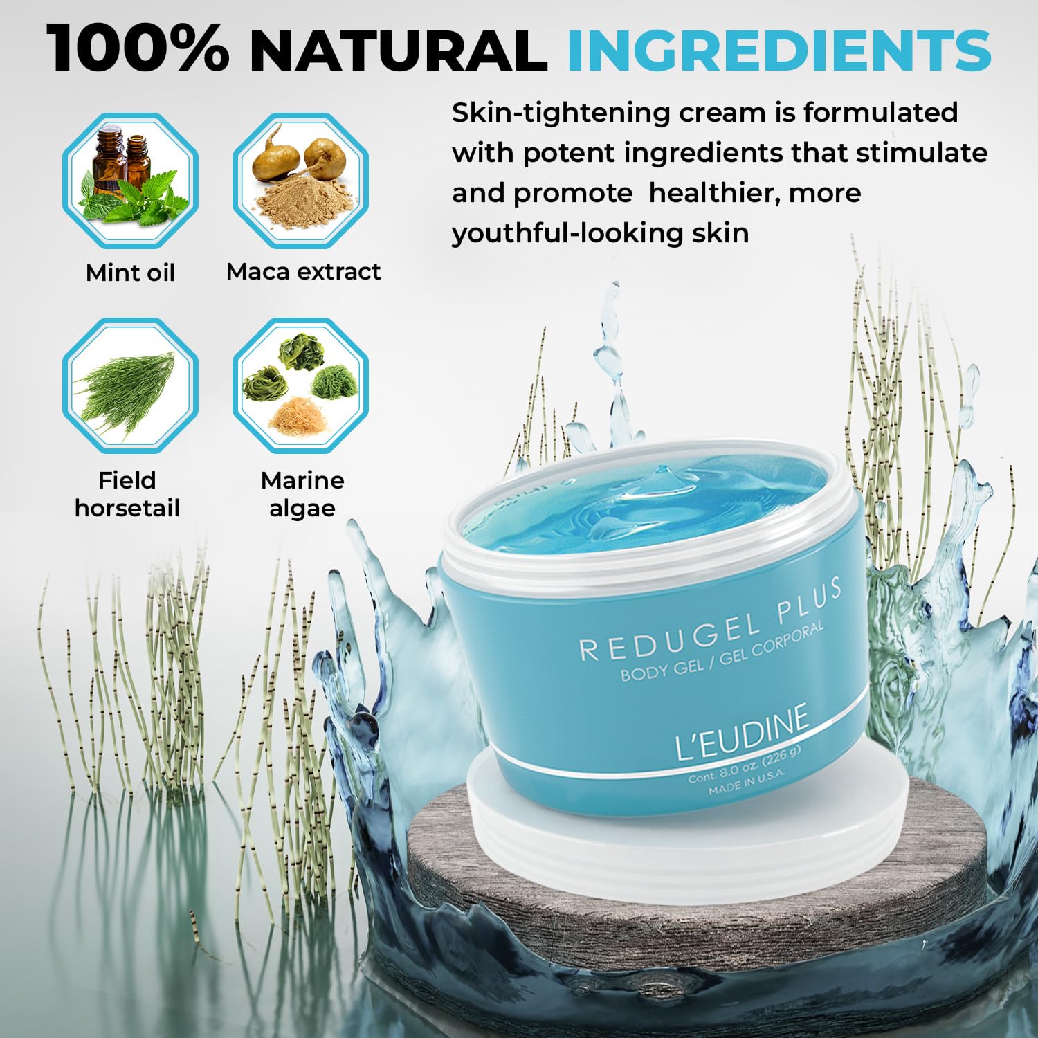 Close-up of L’eudine Redugel Plus gel texture demonstrates fast absorption