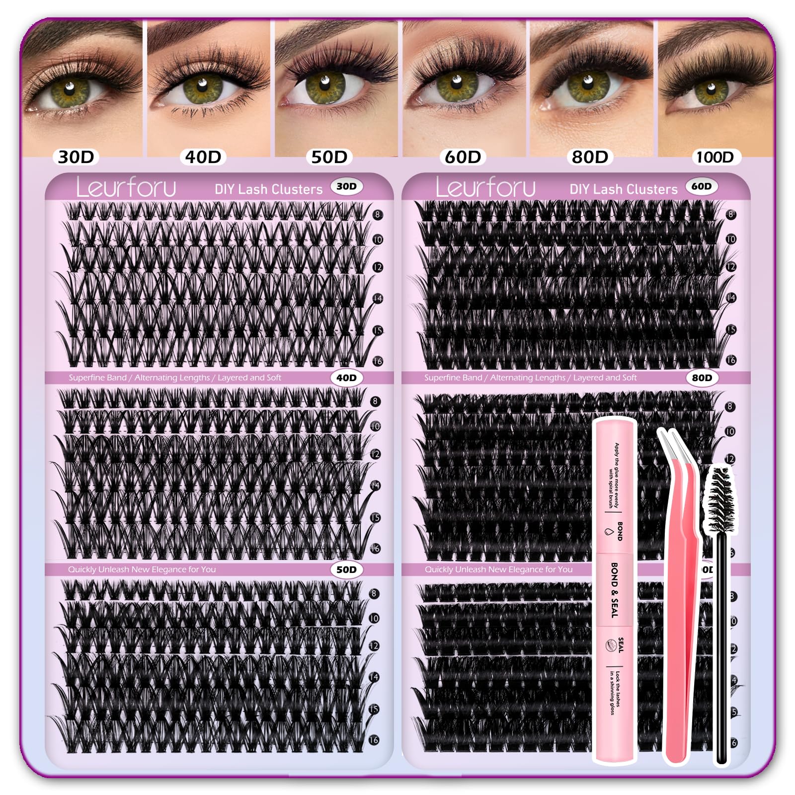 Leurforu Lash Clusters Kit 708pcs close-up enables customizable wispy looks.