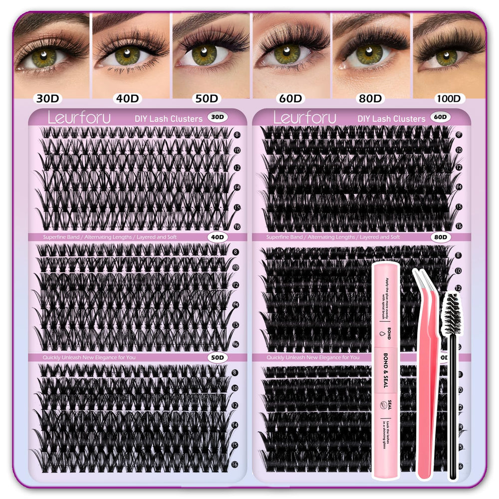 Leurforu Lash Clusters Kit 708pcs close-up enables customizable wispy looks.