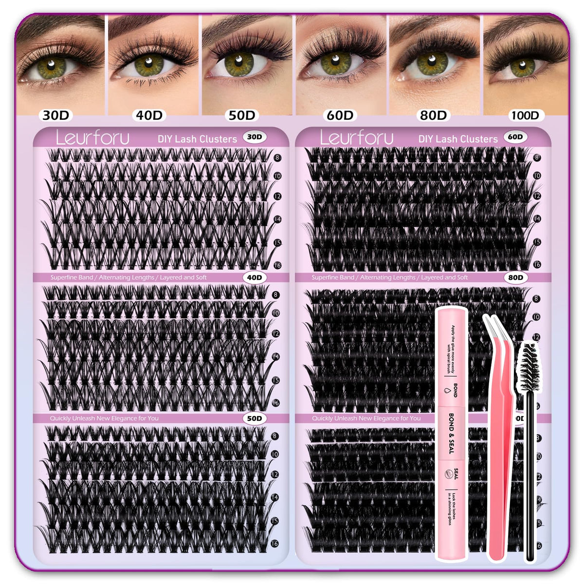 Leurforu Lash Clusters Kit 708pcs close-up enables customizable wispy looks.