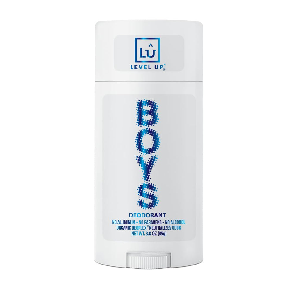 Level Up Boys Deodorant stick showing aluminum-free formula for active kids.