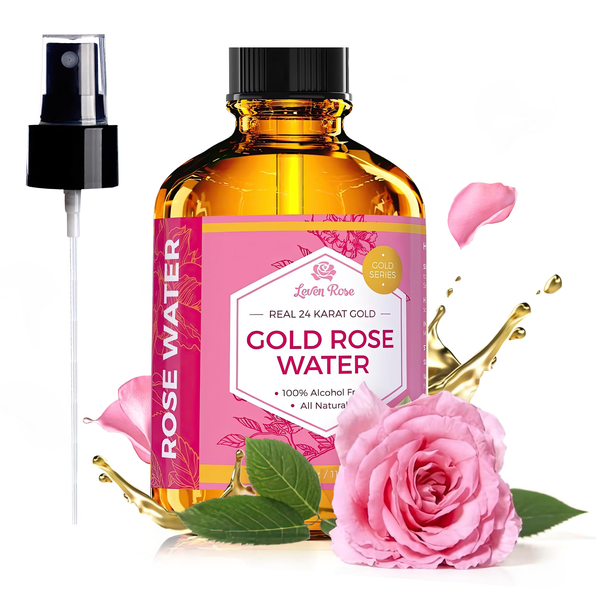 Leven Rose 24K Gold Rose Water Toner bottle exudes luxury for daily prep.