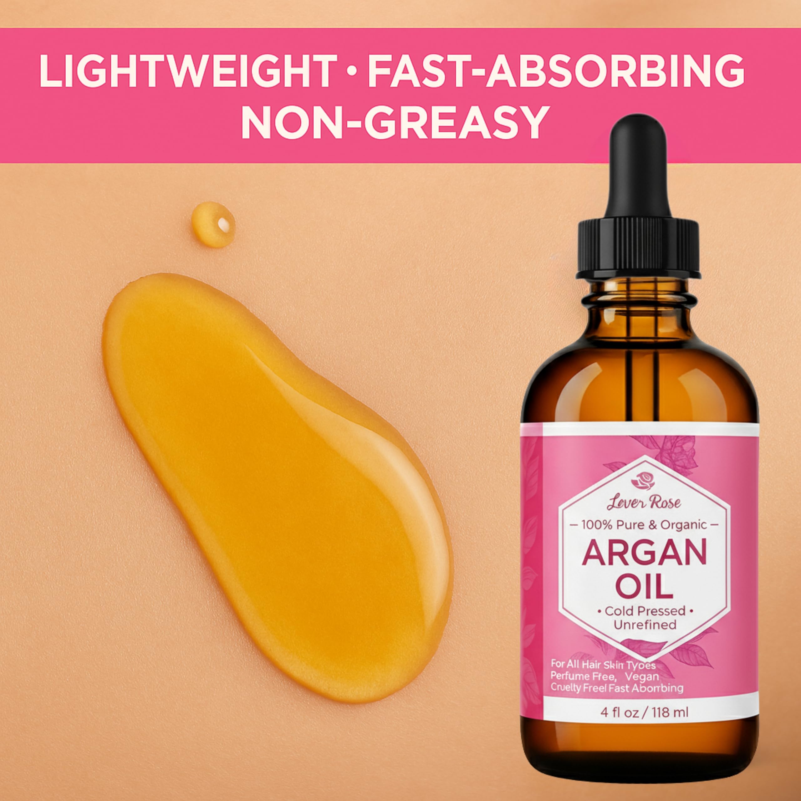 Leven Rose amber glass bottle protects argan oil potency.