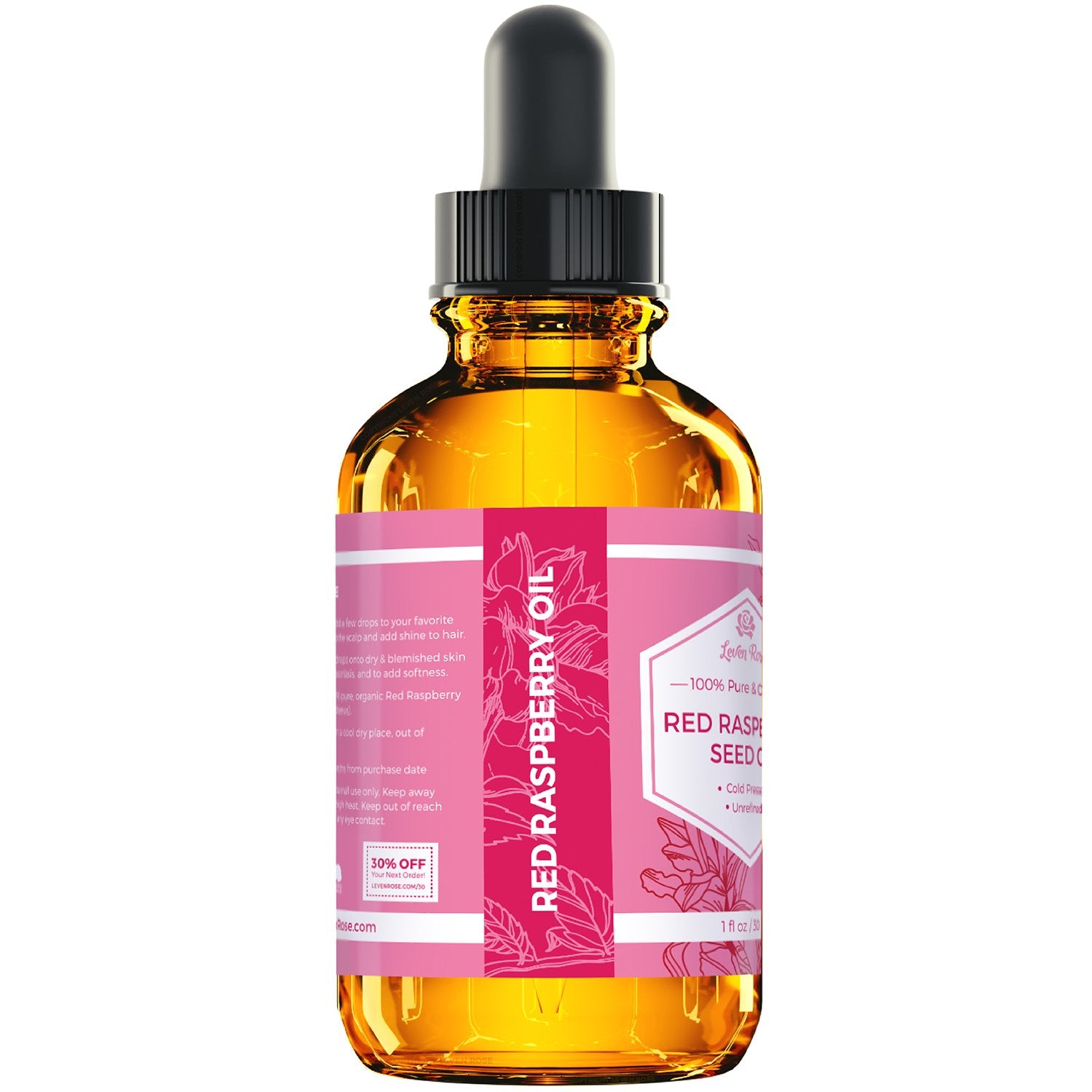 Leven Rose amber glass bottle protecting oil from light for stability.