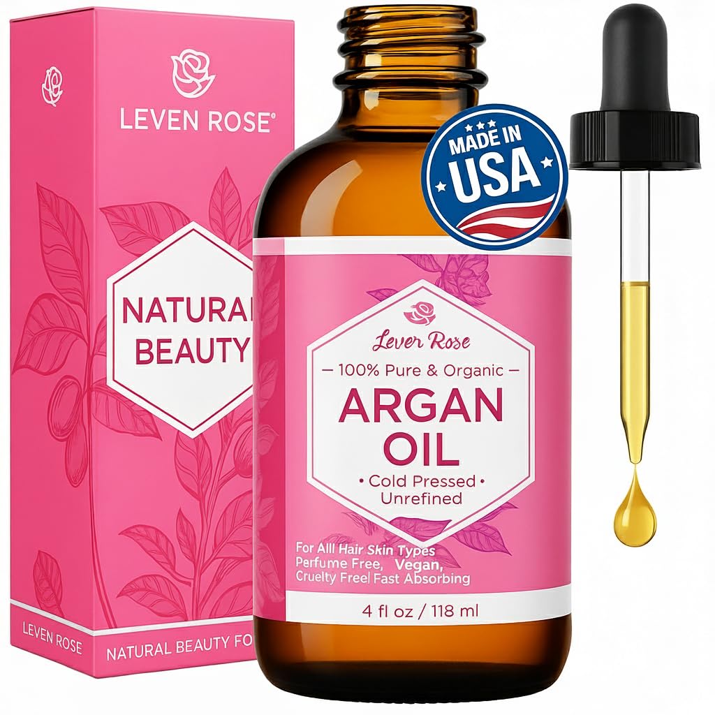 Leven Rose argan oil bottle shown for pure hair and skin nourishment.