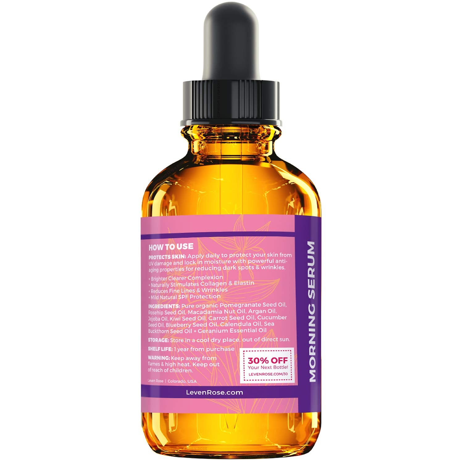 Leven Rose Argan Oil Serum ingredients highlight vitamins A, C, E for nourishment