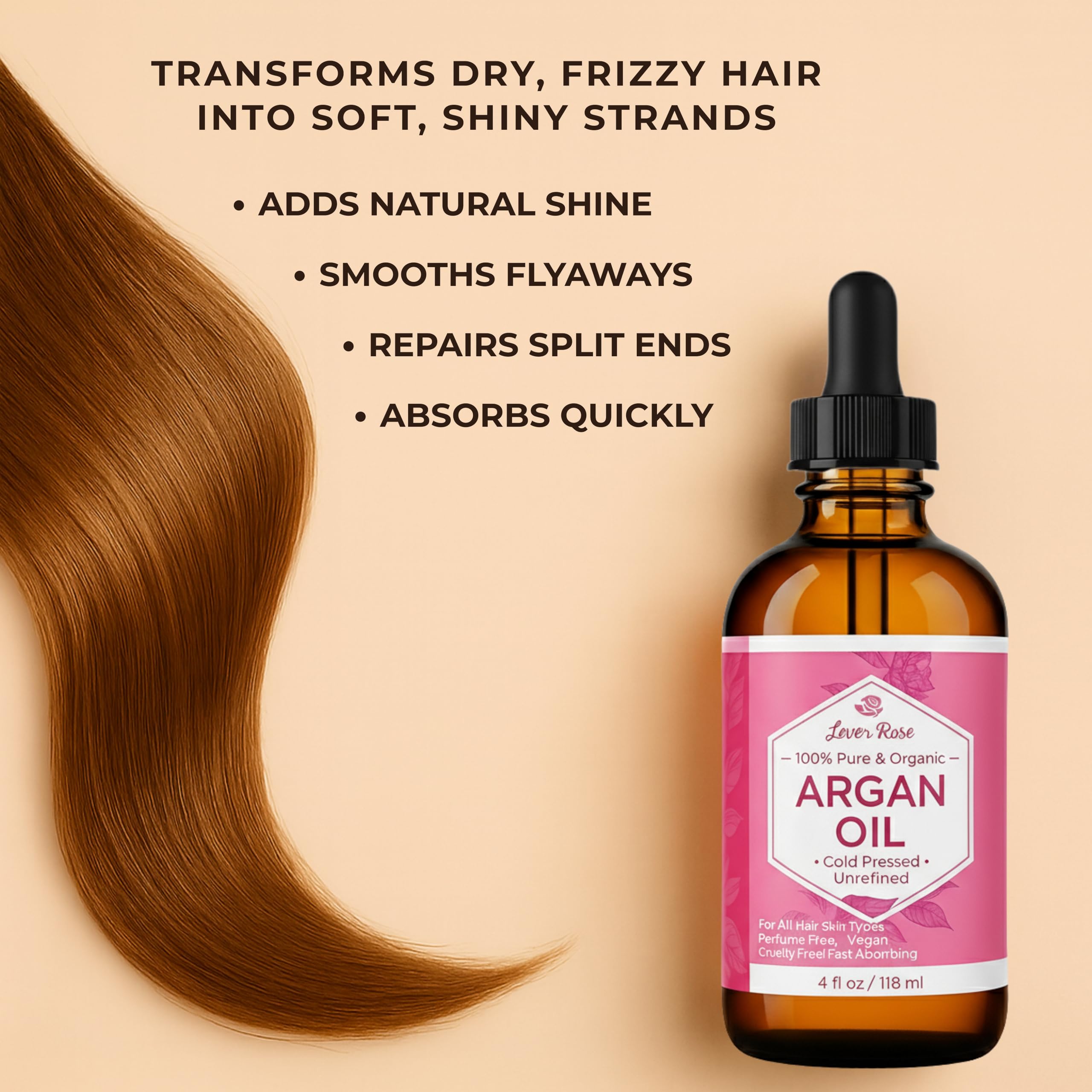 Leven Rose argan oil on hair adds shine and softness.
