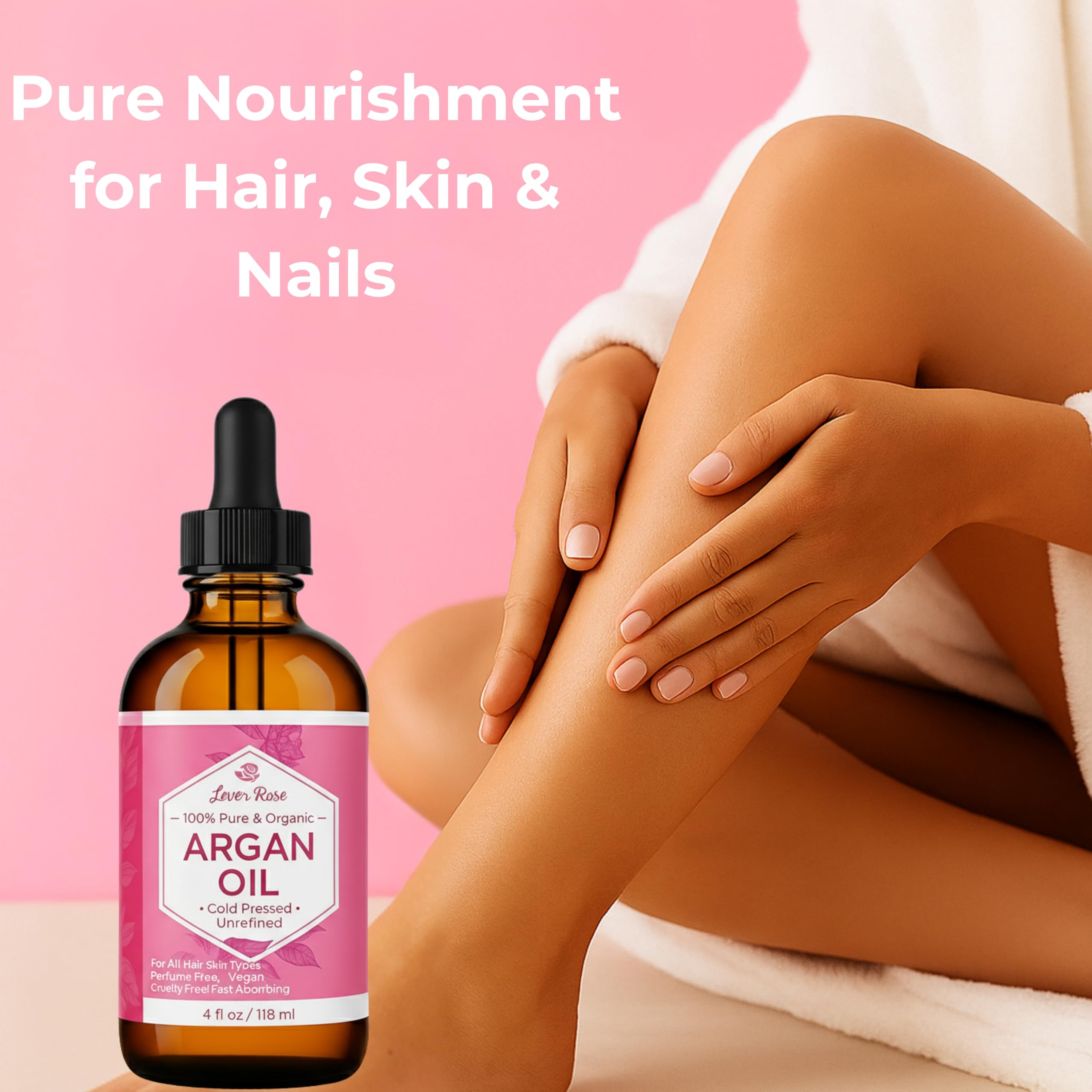 Leven Rose argan oil pour demonstrates quick absorption for frizz control.