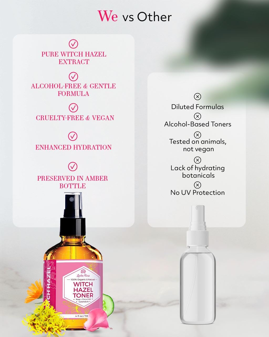 Calendula and chamomile infusion detail in Leven Rose formula.