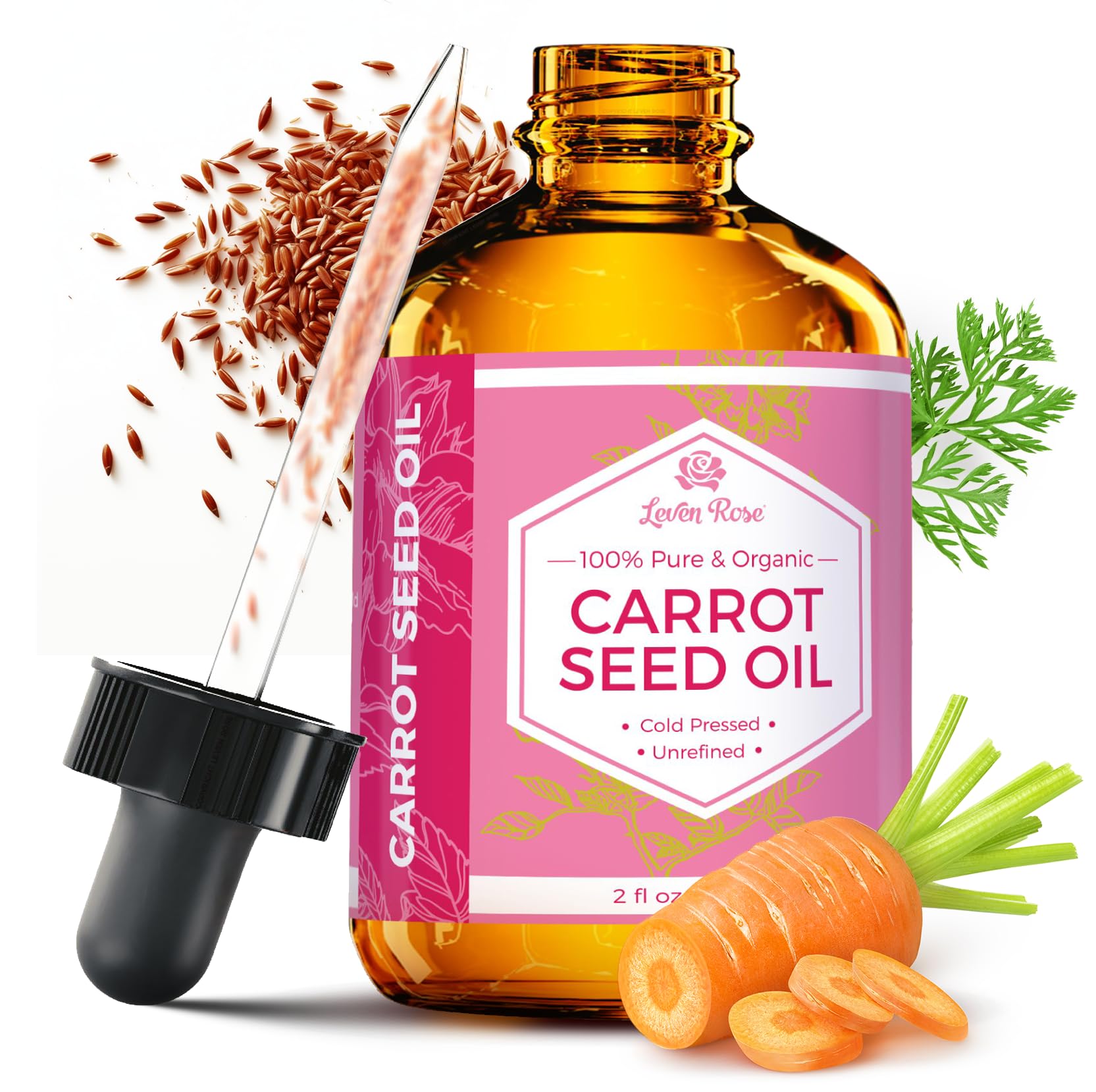 Leven Rose Carrot Seed Oil bottle for pure daily moisturization.