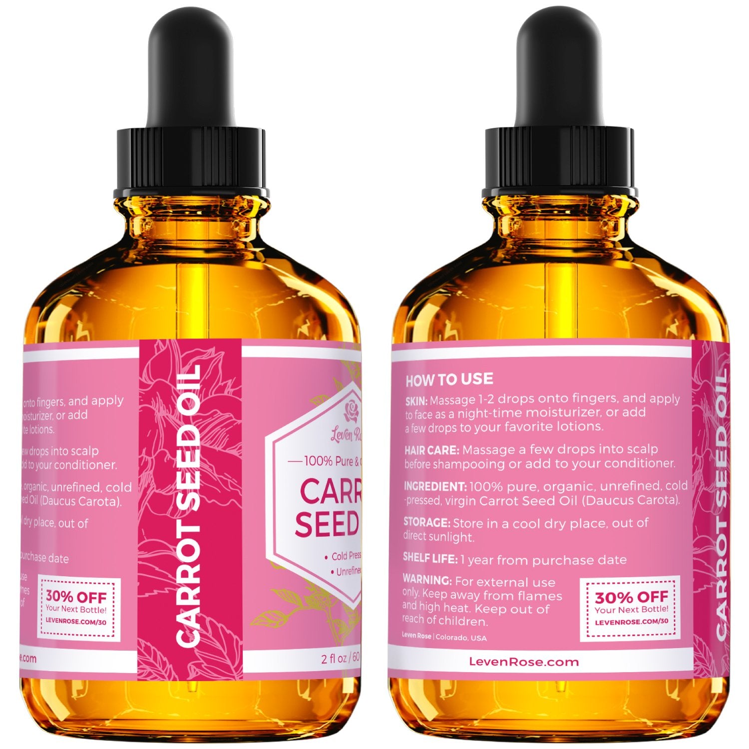 Leven Rose Carrot Seed Oil bottle usage on face for gentle night care.