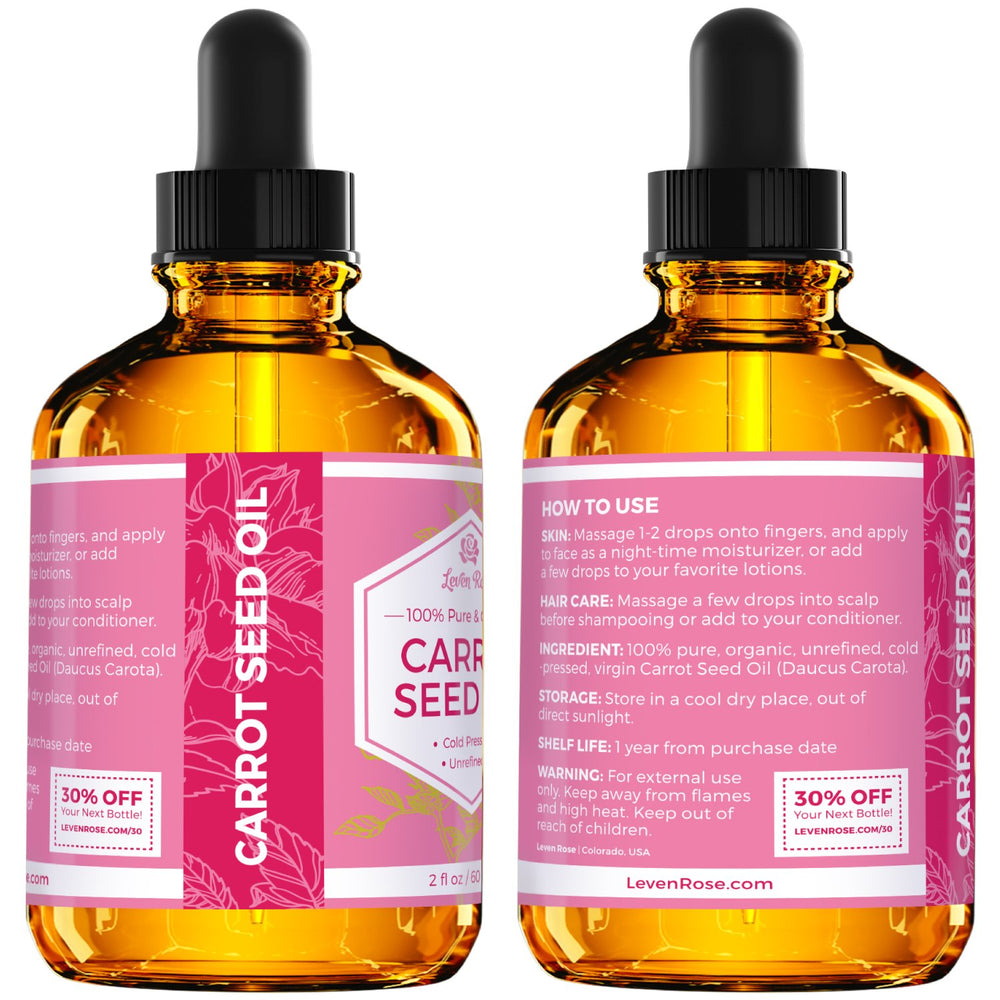 Leven Rose Carrot Seed Oil bottle usage on face for gentle night care.