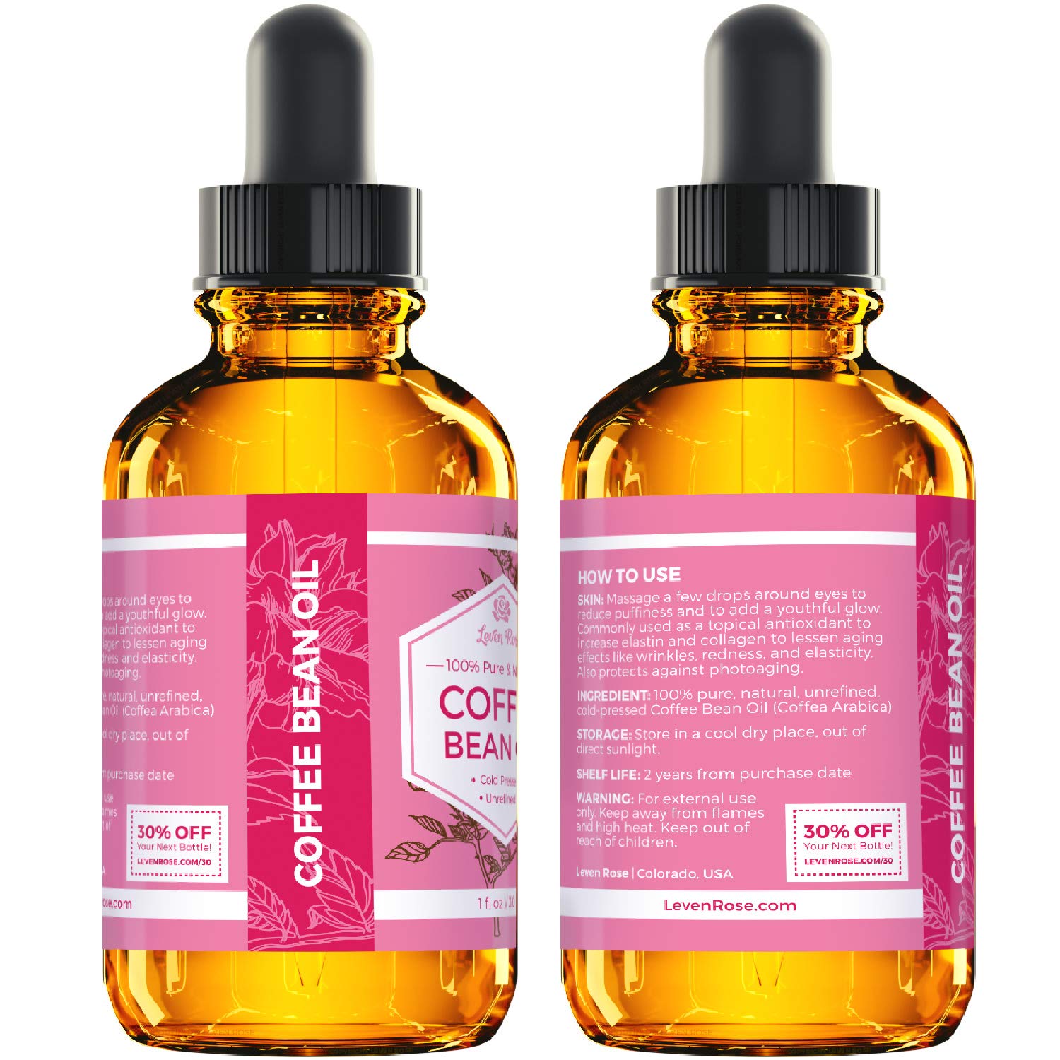 Leven Rose Coffee Bean Oil amber glass packaging protects from light