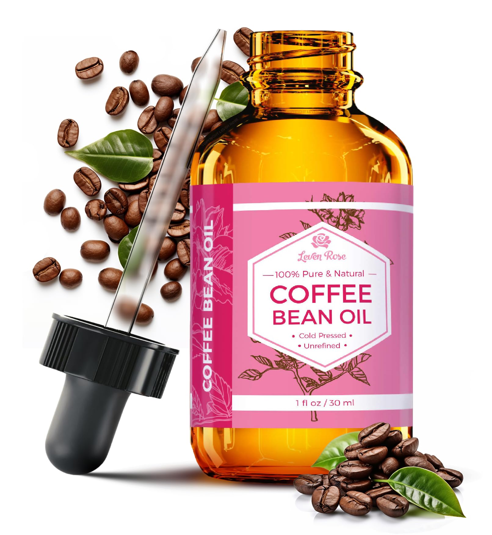 Leven Rose Coffee Bean Oil bottle pour for quick skin hydration