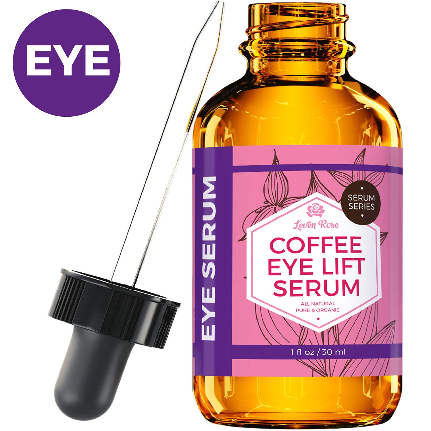 Leven Rose coffee oil caffeine serum bottle highlighting eye brightening and puffiness reduction