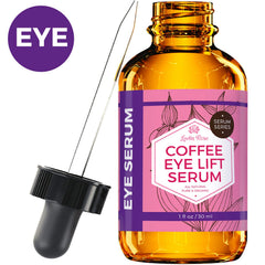 Leven Rose coffee oil caffeine serum bottle highlighting eye brightening and puffiness reduction