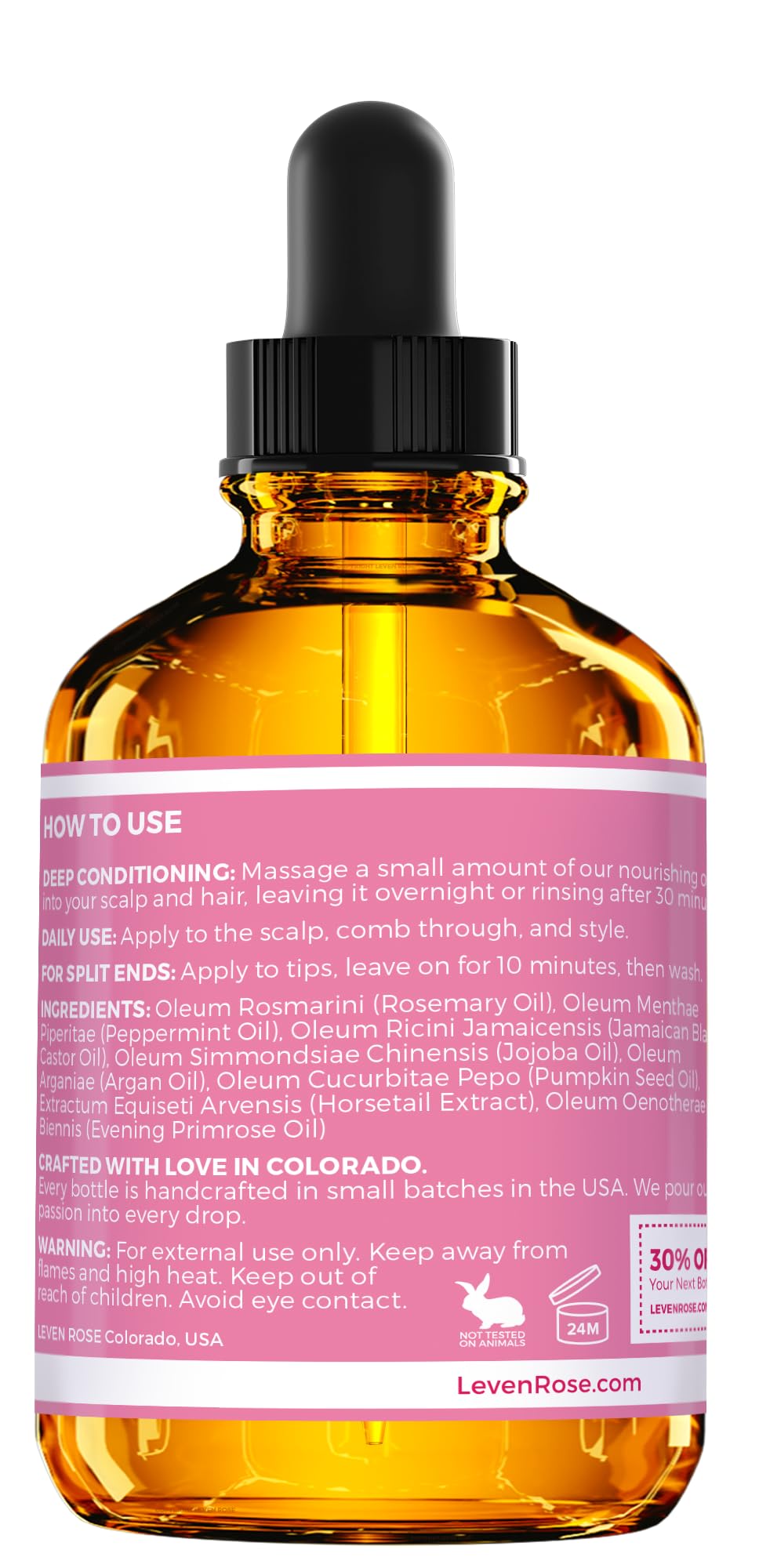 Leven Rose daily ritual oil application on hair for easy use.