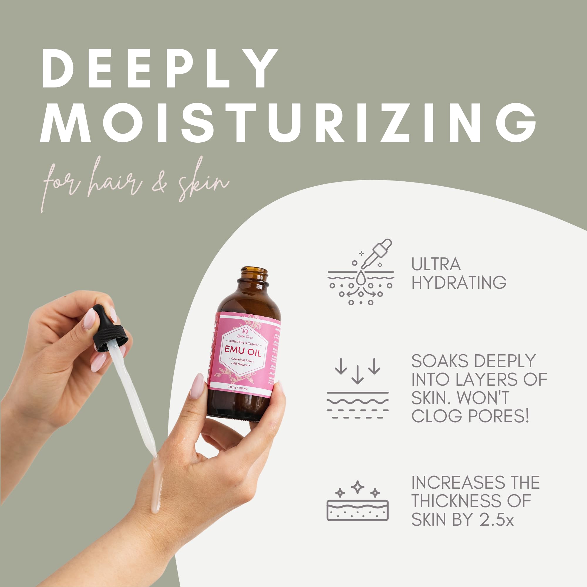 Leven Rose Emu Oil 32oz bulk pipette application enables easy targeted use.