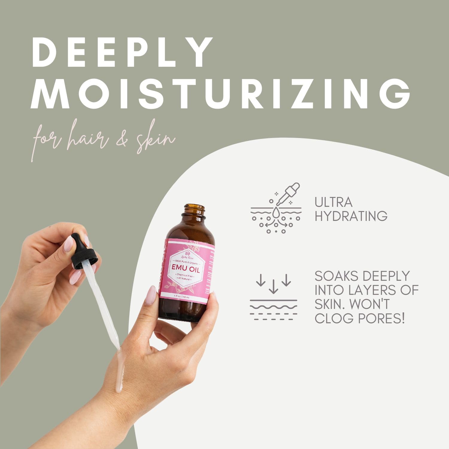Close-up of Leven Rose Emu Oil texture, lightweight and non-greasy
