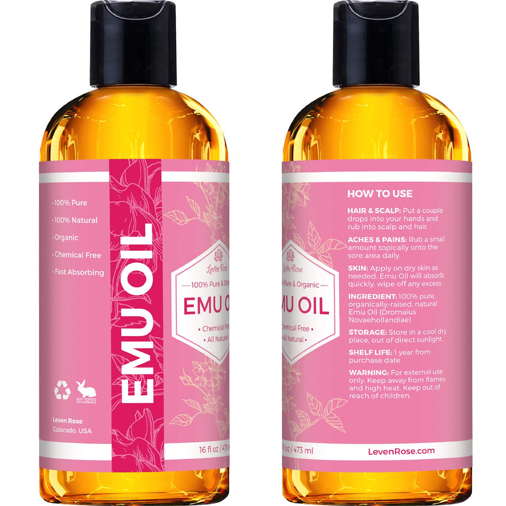 USA-made Leven Rose Emu Oil in amber bottle